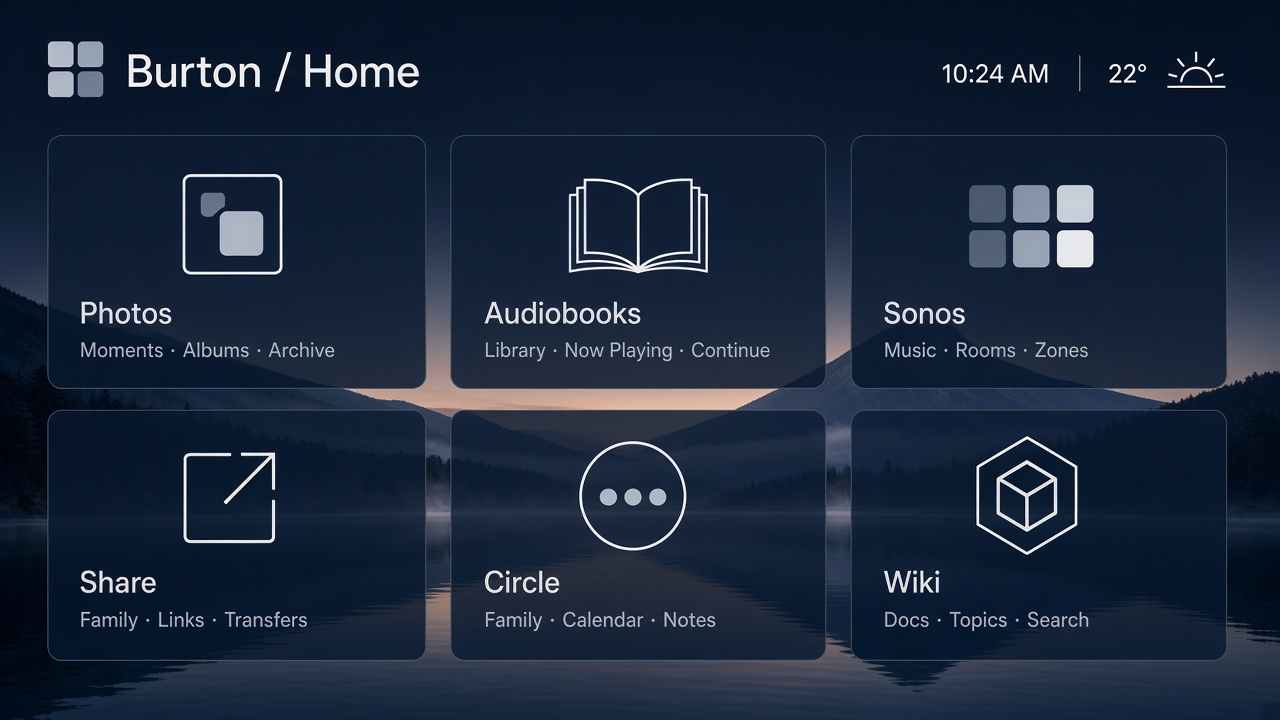Burton OS home: a lake-navy launcher for household apps.